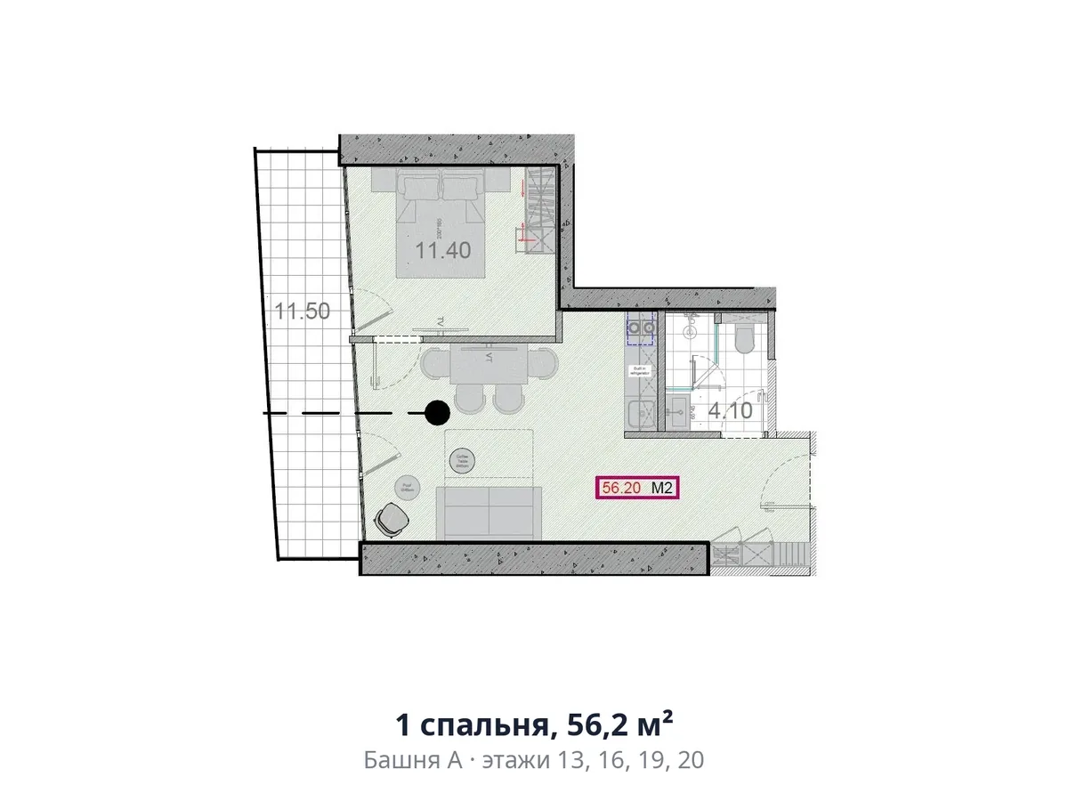 1 bedroom, 56.2 m²