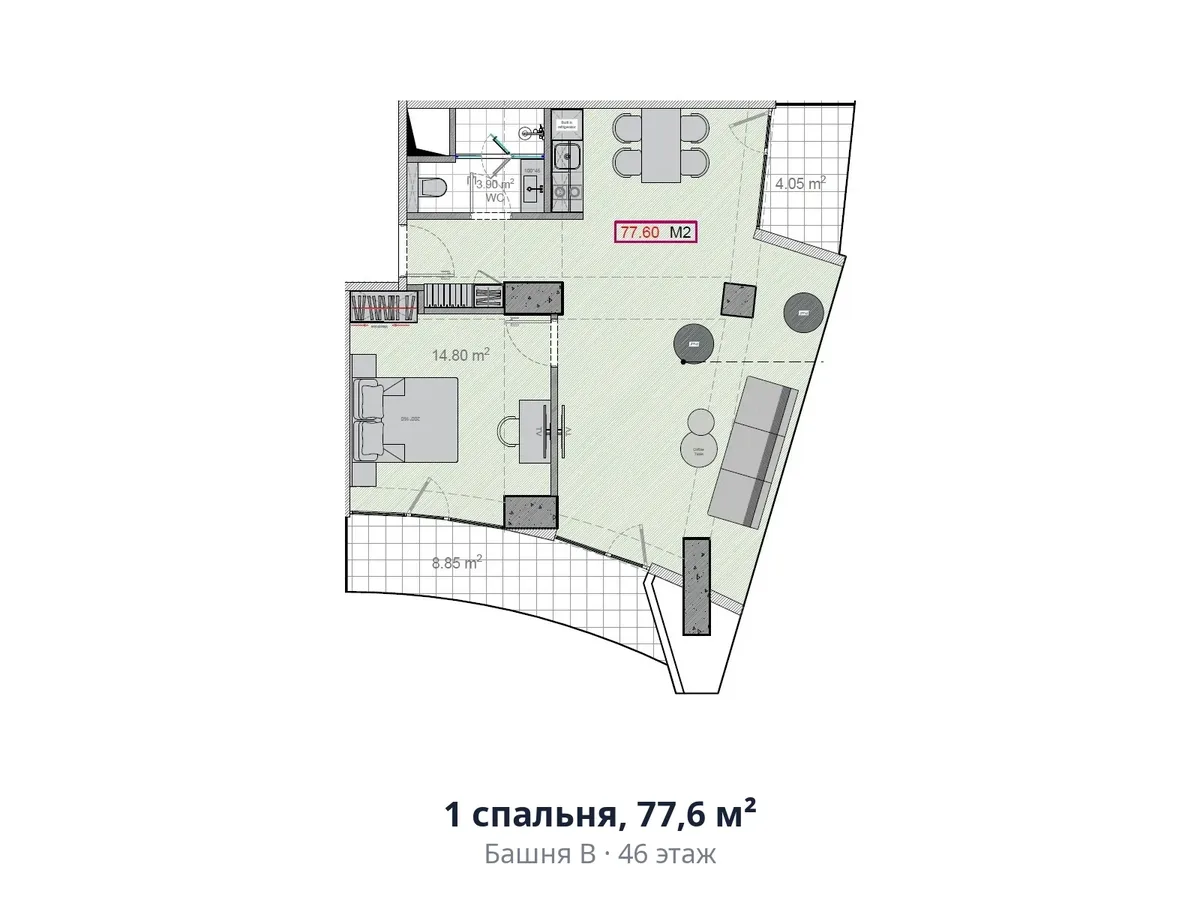 1 bedroom, 77.6 m²