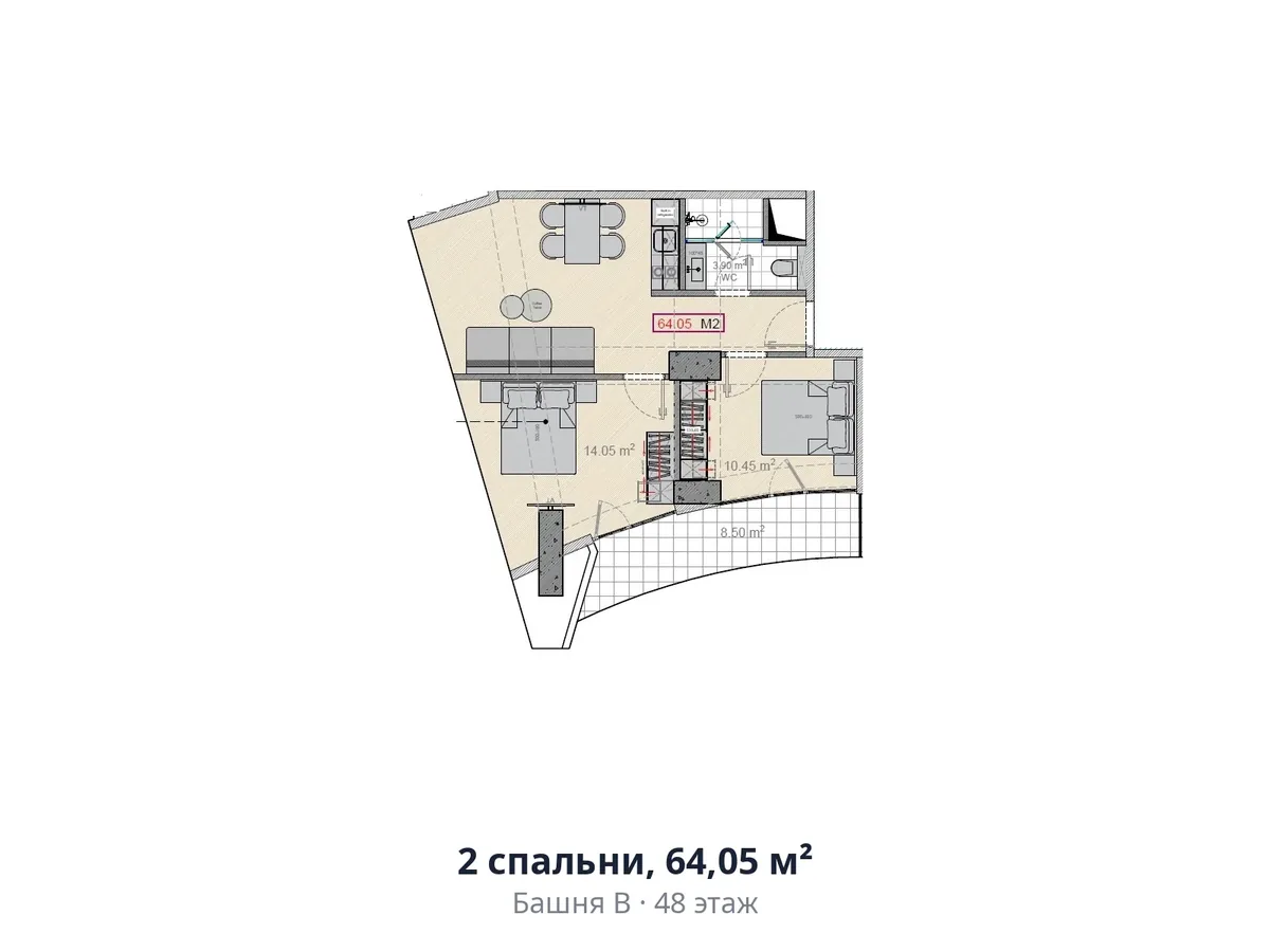 2 bedrooms, 64.05 m²